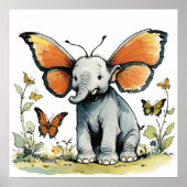 Baby Elephant mit Monarch Butterfly Flügel Ohren Poster (Vorne)
