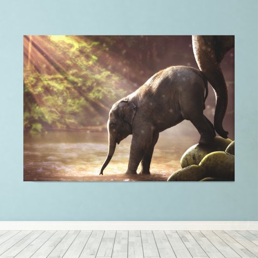 Baby Elephant mit Mutter Leinwanddruck (Insitu (Holzboden))