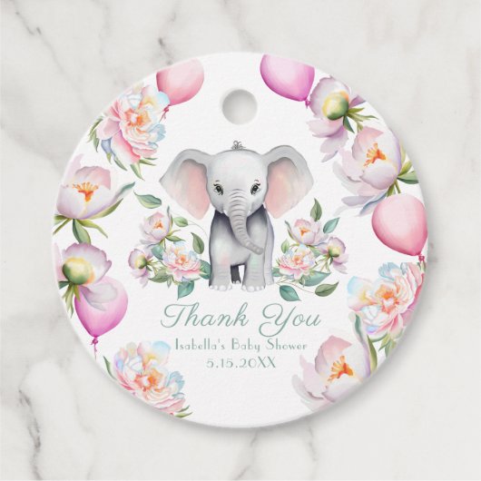 Baby Elephant mit Peonies & Balloons Babydusche Geschenkanhänger (Vorderseite)