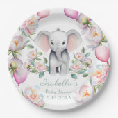 Baby Elephant mit Peonies & Balloons Babydusche Pappteller (Vorderseite)