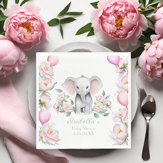 Baby Elephant mit Peonies & Balloons Babydusche Serviette