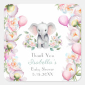 Baby Elephant mit Peonies & Balloons Vielen Dank Quadratischer Aufkleber (Vorderseite)
