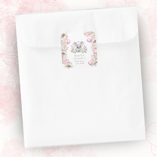 Baby Elephant mit Peonies & Balloons Vielen Dank Quadratischer Aufkleber