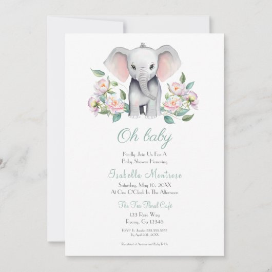 Baby Elephant mit Peonies, Eucalyptus Baby Dusche Einladung (Vorderseite)