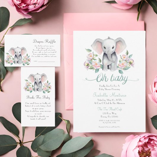 Baby Elephant mit Peonies, Eucalyptus Baby Dusche Einladung
