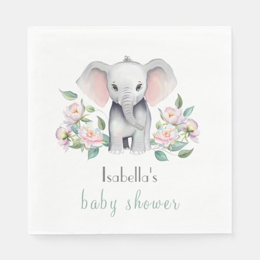 Baby Elephant mit Peonies, Eucalyptus Napkin Serviette (Vorderseite)