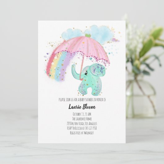 Baby Elephant mit Rainbow Baby Shower Einladung (Stehend Vorderseite)