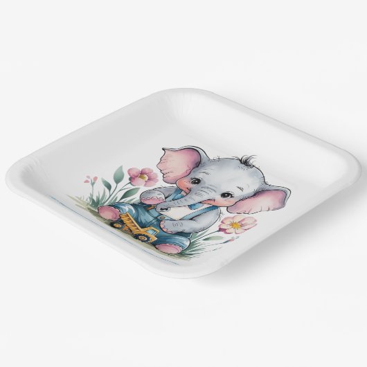 Baby Elephant mit Truck Baby Dusche Pappteller (Gewinkelt)