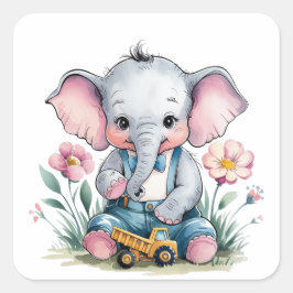 Baby Elephant mit Truck Baby Dusche Quadratischer Aufkleber