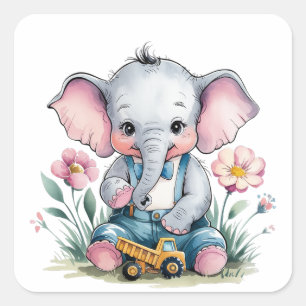 Baby Elephant mit Truck Baby Dusche Quadratischer Aufkleber