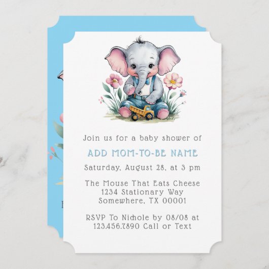 Baby Elephant mit Truck Boy Baby Dusche Einladung (Vorne/Hinten)