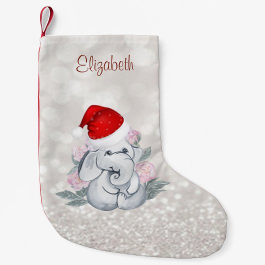 Baby Elephant mit Weihnachtsmannmütze, Blume, Boke Kleiner Weihnachtsstrumpf (Vorderseite)