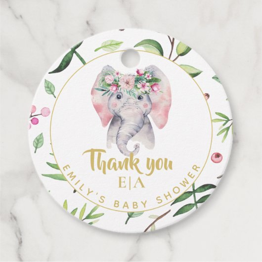 Baby Elephant Monogram Pink Floral Vielen Dank Geschenkanhänger (Vorderseite)