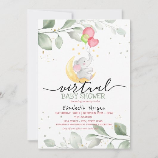 Baby Elephant Moon Balloons Virtual Baby Dusche Einladung (Vorderseite)