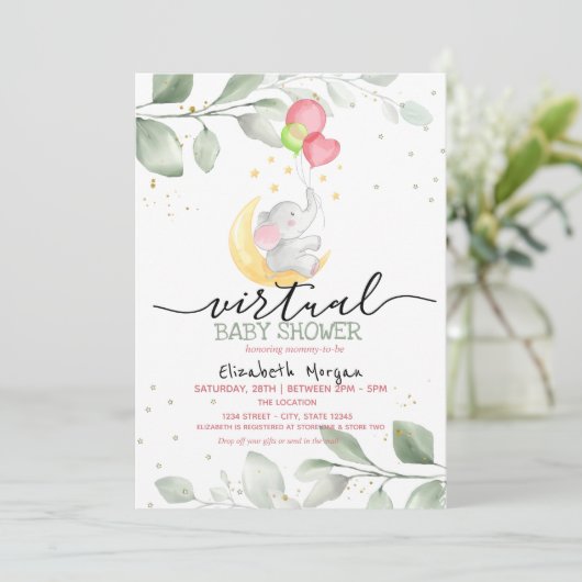 Baby Elephant Moon Balloons Virtual Baby Dusche Einladung (Stehend Vorderseite)