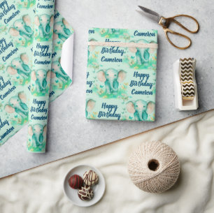 Baby Elephant Neutral Personalisiert Birthday Geschenkpapier