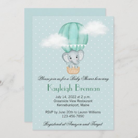 Baby Elephant Pale Green Hot Air Ballon Einladung (Vorne/Hinten)