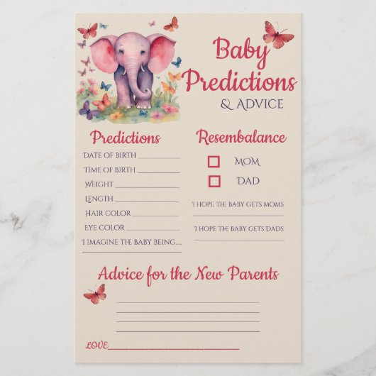 Baby Elephant Pink Baby Predictions Karte (Vorderseite)