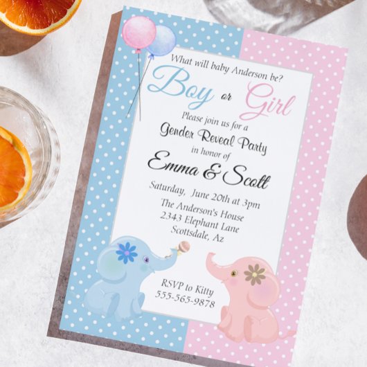 Baby Elephant Pink Blue Gender Reveal Party Einladung