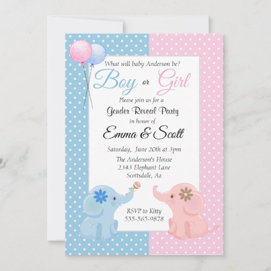 Baby Elephant Pink Blue Gender Reveal Party Einladung (Vorderseite)
