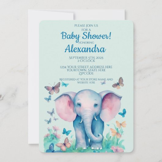 Baby Elephant Pink Boys Babydusche Einladung (Vorderseite)