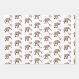 Baby Elephant pink & violet balloon Set x3 Geschenkpapier Set