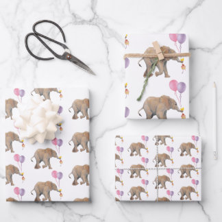 Baby Elephant pink & violet balloon Set x3 Geschenkpapier Set