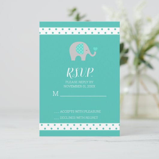 Baby Elephant Polka Dots Baby Shower RSVP Card (Stehend Vorderseite)