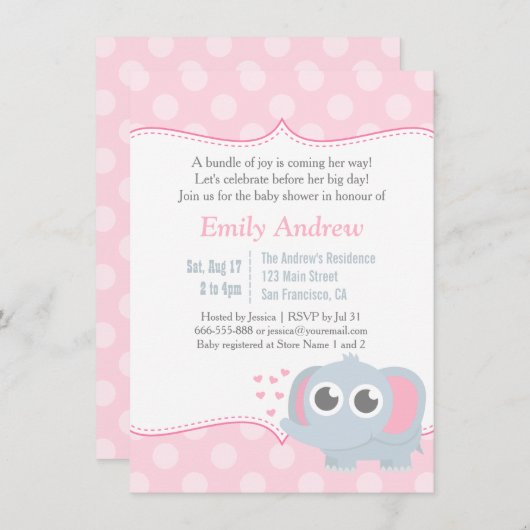 Baby Elephant Polka Dots Pink Baby Dusche Einladung (Vorne/Hinten)