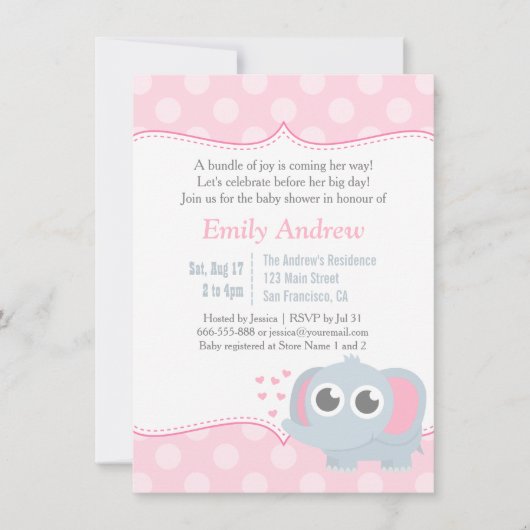 Baby Elephant Polka Dots Pink Baby Dusche Einladung (Vorderseite)