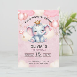 Baby Elephant Princess 1st Birthday Invitation Einladung