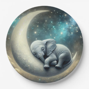 Baby Elephant schläft auf dem Halbmond Pappteller