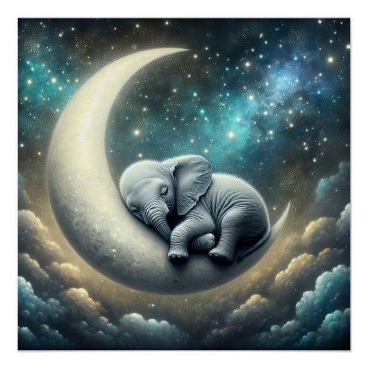 Baby Elephant schläft auf dem Halbmond Poster (Vorderseite)