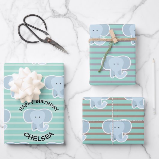 Baby Elephant Stripes Happy Birthday Set of Geschenkpapier Set (Vorderseite)