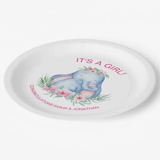 Baby Elephant Tropical Blume Babydusche Pappteller (Schrägansicht)