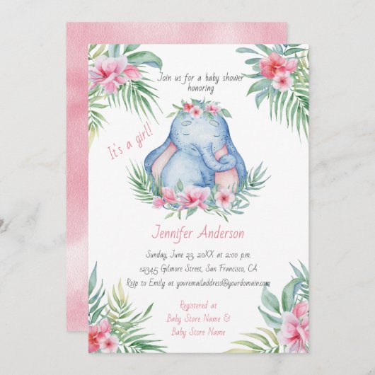Baby Elephant Tropical Floral Baby Girl Dusche Einladung (Vorne/Hinten)