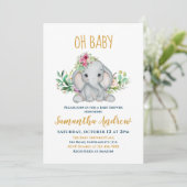 Baby Elephant und Blume Babydusche Einladung (Stehend Vorderseite)