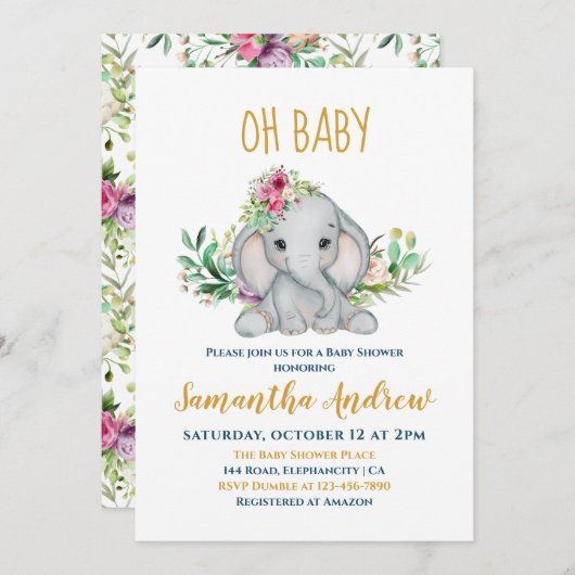 Baby Elephant und Blume Babydusche Einladung (Vorne/Hinten)