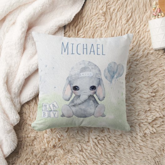 Baby Elephant Watercolor mit Name Kinderzimmer Kissen (Decke)