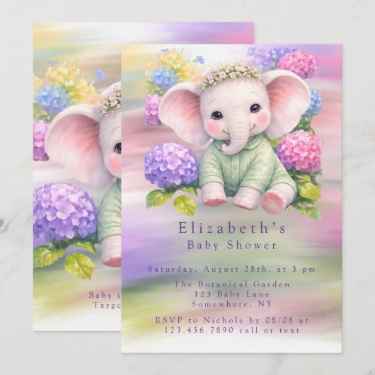 Baby Elephant with Hydrangeas Baby Shower Einladung (Vorne/Hinten)
