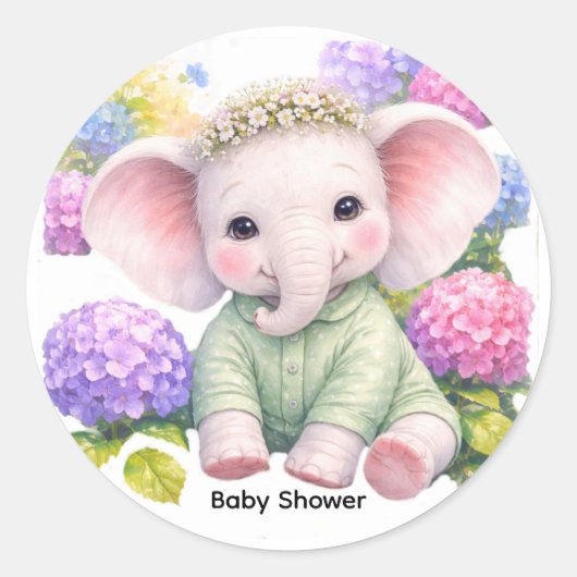 Baby Elephant with Hydrangeas Baby Shower  Runder Aufkleber (Vorderseite)