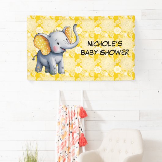Baby Elephant Yellow Polka Dot Ears Baby Shower Banner (Insitu)