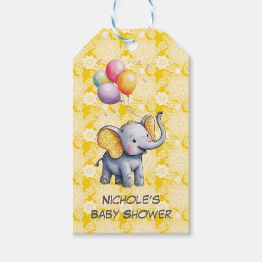 Baby Elephant Yellow Polka Dot Ears Baby Shower Geschenkanhänger (Vorderseite)