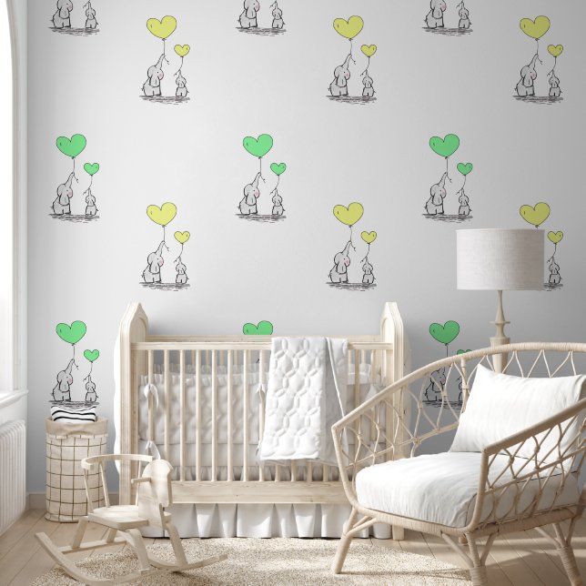 Baby Elephants Green Yellow Heart Balloons Design Tapete (Kinder)