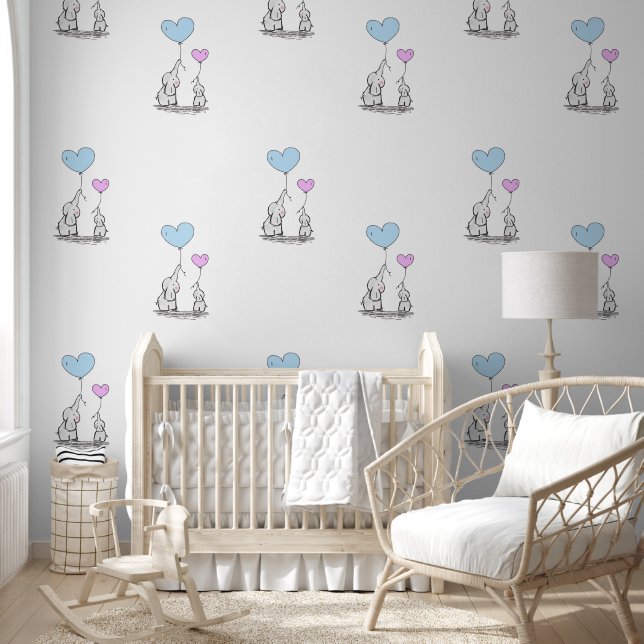 Baby Elephants & Pink Blue Heart Balloons Design Tapete (Kinder)