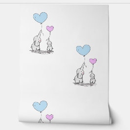 Baby Elephants & Pink Blue Heart Balloons Design Tapete