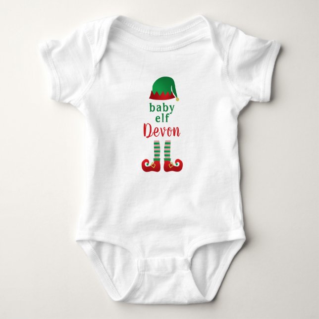 Baby Elf Personalize Name Chritsmas Red Green Baby Strampler (Vorderseite)