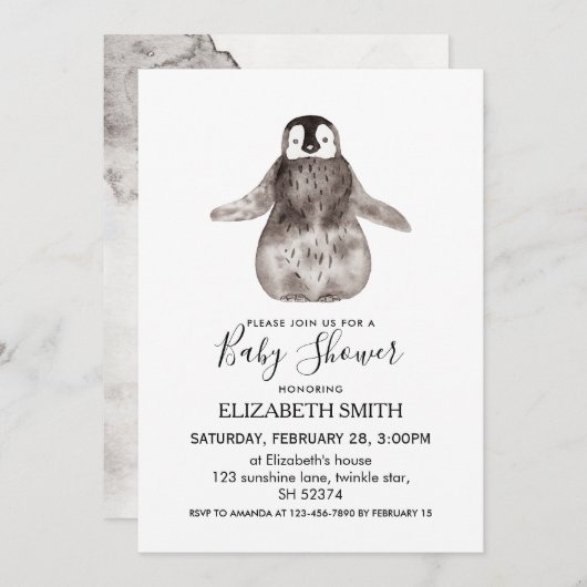 Baby Emperor Pinguin Winter Baby Dusche Einladung (Vorne/Hinten)