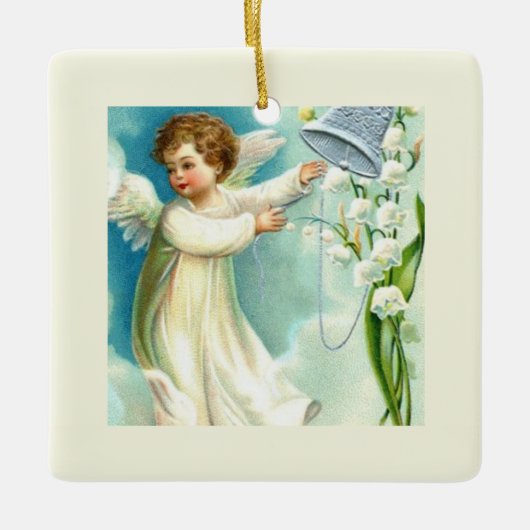 Baby Engel mit blauer Glocke Keramikornament (Vorderseite)