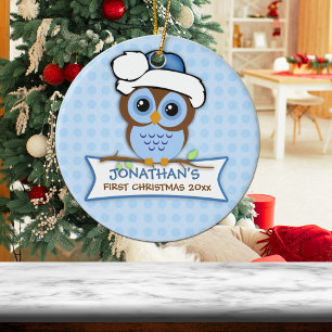 Baby erstes Weihnachten blaue Eulen-Verzierung Keramikornament